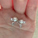 Real Freshwater Pearl Stud Post Earrings with CZ Gems White Photo 2