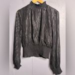 Elan  Black Shimmer Stripe Mock Neck Smocked Long Sleeve Blouse.  Size Large NWT Photo 1