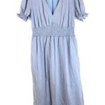 Hutch Womens Midi Dress Smocked Waist Puff Short Sleeve V-Neck Zip Back Blue 1X Photo 0