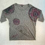 Desigual Graphic T-Shirt Floral Print 3/4 Sleeve Top Heather Gray L Photo 0