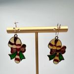 Vintage 80's Christmas Candy Cane Enamel Dangle Earrings Green Photo 3