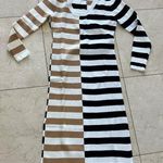 Striped Black and Tan Knit Dress Sz Medium White Photo 0