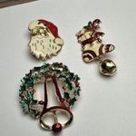 Santa Claus, Holly Wreath, Stocking Christmas Brooch Pin Lot Of 5 Gold Tone Photo 0