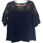 Liz Claiborne Size Large Shirt Navy Floral Embroidered Bell Sleeve Rayon Sheer Photo 0