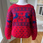Ralph Lauren Vintage Hand Knit Wool Red Cobalt Blue Reindeer Sweater Sz Medium Photo 5