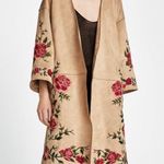 ZARA  Basic Womens Tan Embroidered Red Rose Floral Suede Kimono Coat Size XS Boho Photo 1