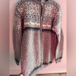 Vintage Fairisle Gray Navy Wool Cardigan Sweater Womens Deer Nordic Cabincore Size L Photo 5
