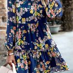 NEW Boho Navy and Floral Shirred Bodice Long Sleeve Ruffle Skirt Mini Dress Blue Size M Photo 2