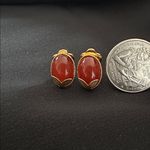 Vintage Austria set EUC goldtone & glass filigree floral brooch w/ clip earrings Red Photo 4