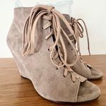 Joie  Suede Leather Lace Up Open Toe Wedge Heel Booties Brown Women's Size 39/8.5 Photo 0