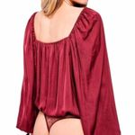 Free People Red Burgendy Wine Flowy Boho Silky Long Sleeve Boho Bodysuit Sz L Photo 3