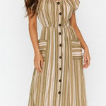 Naif Stripped‎ Milkmaid Boho Earth Tone Midi Button Down Dress Size S Green Photo 0