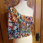 Boho Colorful One Shoulder Ruffle Sleeve Smocked Crop Top Size M Photo 8