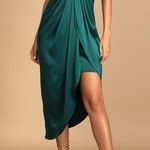 Lulus  Law of Attraction Emerald green One-Shoulder Asymmetrical Midi Dress XS Photo 0