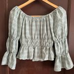 WAYF | Green Gingham Off Shoulder Peasant Shirt - Light Sage | Size Medium Photo 3