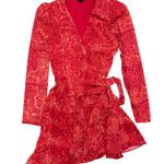 NBD Structured Shoulder Fauna Wrap Dress Red Orange Snake Chiffon size Small Photo 6