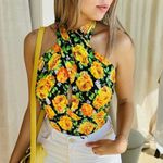 ZARA Twist Neck Floral Halter Top Bodysuit Small Yellow Green Floral Sz M Photo 2