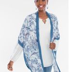 Chico's Chico’s Size S/M Kimono Floral Knit Trim Ruana Crochet Detail Blue Open Front Photo 0