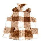 SheIn Women's Fuzzy Plaid Zip Up Vest in White/Brown, Size L Photo 0