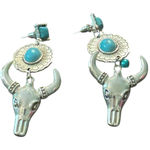 Western Turquoise Bull Skull Earrings Silver Tone Southwestern Style Photo 0