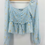 Sophie Rue Floral Long Sleeve Top Smocked Ruffle Tie Light Blue Large Peasant Photo 0
