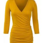 Doublju Yellow Wrap Top 3/4 Sleeve Ruched V Neck Casual T Photo 0