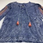 APNY Acid Wash Blue Embroidered Sleeve Lace Neck Boho Sweatshirt Size S Photo 14