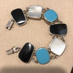 Sterling Silver Mother of Pearl Black & Turquoise Cabochon Linked Bracelet Photo 2