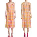 Time and Tru Women's Flutter Sleeve Tiered Plaid Midi Dress Pink Yellow‎ Size L Size L Photo 1