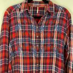 Free People  Magical Embroidered Plaid Button Down‎ Shirt Long Sleeve Red Blue XS Photo 1