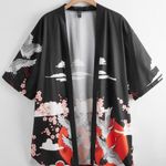 Open Front Flowers Crane Print Kimono Cardigan Photo 14