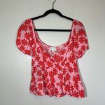 Jun & Ivy  peplum floral leaf short sleeve crop top balloon sleeve pink red Large Photo 0