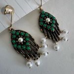 Sarah Coventry Heirloom Treasure Dangle Earrings Jade Pearl Gold Tone VTG Green Photo 1