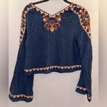 Free People  bell sleeve crop top size XS embroidered paisley pattern navy blue Photo 4