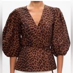 Ganni  Leopard Print Puff Sleeve V-neck Crossover Wrap Top Size 36 US 4 Small Photo 0