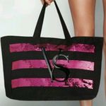 Victoria's Secret  Black Pink Sequin Stripe Tote Overnight Bag Zipper Closure Photo 0