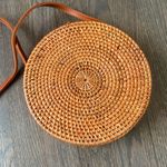 Authentic Bali Round Rattan Woven Bag Purse with Leather Strap, Batik Lining Tan Photo 2