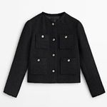 Massimo Dutti NEW Textured Cropped Jacket with Pockets Black Tweed Sz S Photo 0