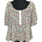 Free People  Scoop Neck Button Front Floral Puff Sleeve Boho Mesh Blouse Medium Photo 0