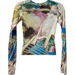 Miaou Baroque‎ Mesh Top Colorful Sheer Long Sleeve Shirt Y2K Retro Size XS Blue Photo 3