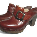 Frye Ella Clogs Stud Burgundy Leather Shearling Wood High Heels Womens 7 Photo 0