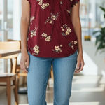 MINE Women's Floral Print V Neck Cap Sleeve Blouse Top Burgundy Medium Red Size 8 Photo 0