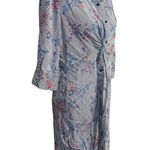 Suzanne Betro Long Sleeve Gray Striped Floral Design Waist Twist High Low Dress Photo 5