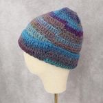 Blue Multi Color Cable Knit Stripe Y2K Vintage Beanie Cap Hat OS Photo 2