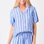 Trovata Birds of Paradis Margot Short Sleeve Camp Shirt Blue White Stripe Small Photo 0