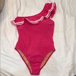 J.Crew  Seersucker Pink Ruffle One Shoulder White Swimsuit Size 8 NWT AJ650 Photo 1