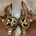 Tory Burch Brown Gold Miller Logo Sandals Size 7 Luxury Designer Heels Summer Photo 2