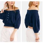Free People  Dancing Navy Off Shoulder Top Small Till Dawn Smocked Button Photo 1