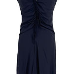 Fuzzi Halter Dress Size 42 US 6 Navy Silk Blend Ruched Ruffle Midi Elegant Chic Blue Photo 0