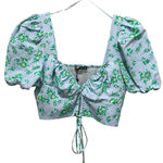 ZARA Floral Puff Sleeve Ruched Crop Top Blue Womens Size Medium NWT Photo 0